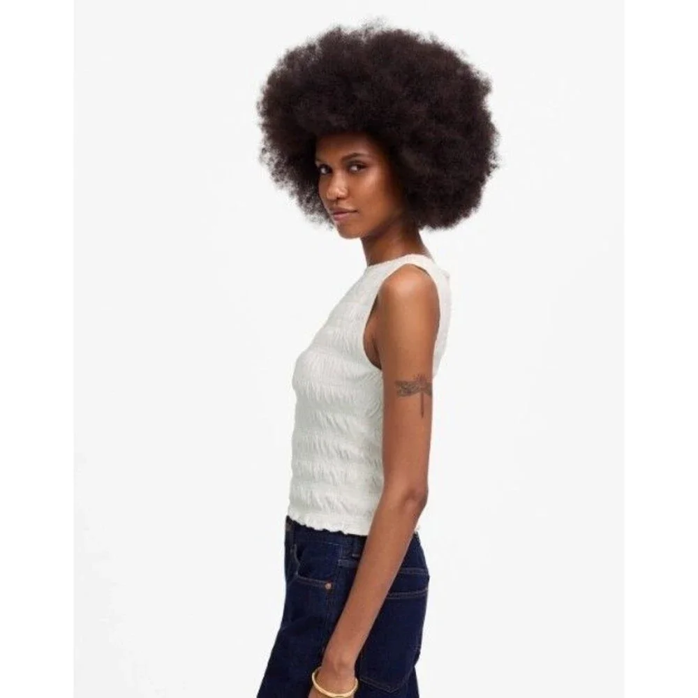 Madewell Smocked Boatneck Tank Top Women White Cotton-Linen Blend Size Med - Picture 3 of 11